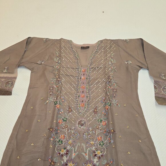 Pakistani Embroidered Tan Traditional Desi Outfit 3 Piece Straight Suit Size L - Picture 8 of 8
